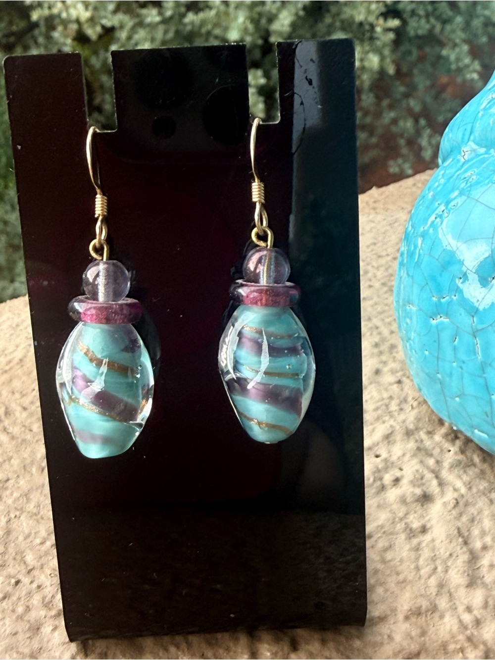 Handmade Turquoise & Purple Glass Drop Earrings - Unbranded